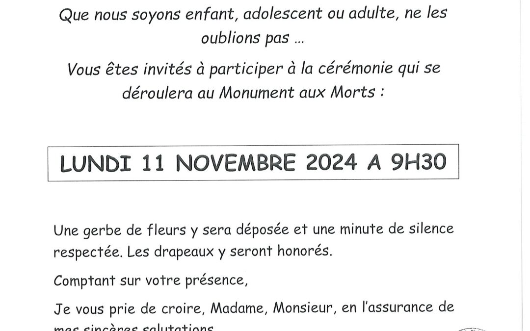 Cérémonie du 11 novembre 2024 à 9h30.